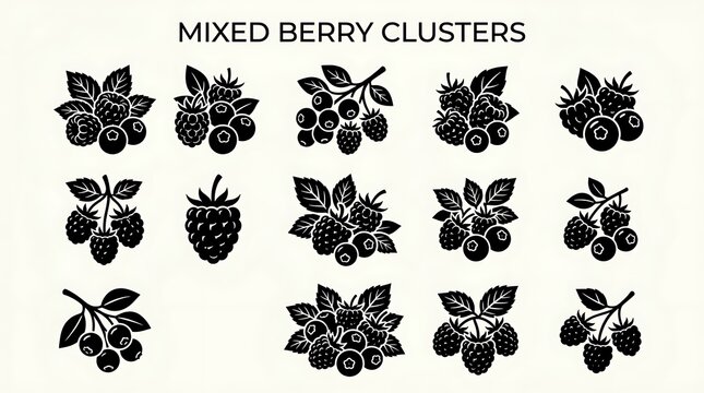 Black and white mixed berry clusters illustration.