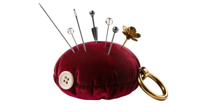 Velvet pincushion with sewing pins and gold flower accent