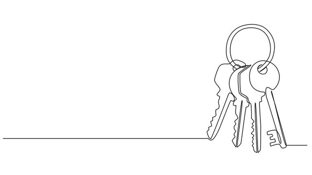 animated continuous line drawing of set of keys on round key ring. security, real estate, home ownership concept, line art animation