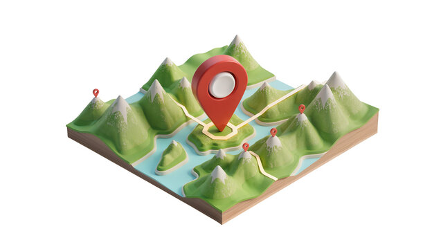 3D isometric map with red location pin and path