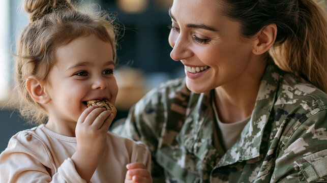 Anonymous military woman laughing while looking at her daughter eating a cookie, female service member and mother-child joy concept, faceless, defocused, with copy space