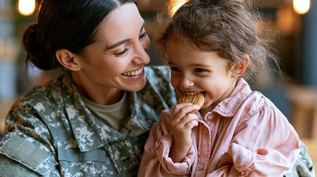 Anonymous military woman laughing while looking at her daughter eating a cookie, female service member and mother-child joy concept, faceless, defocused, with copy space
