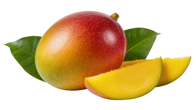 Ripe mango fruit with two slices and green leaves