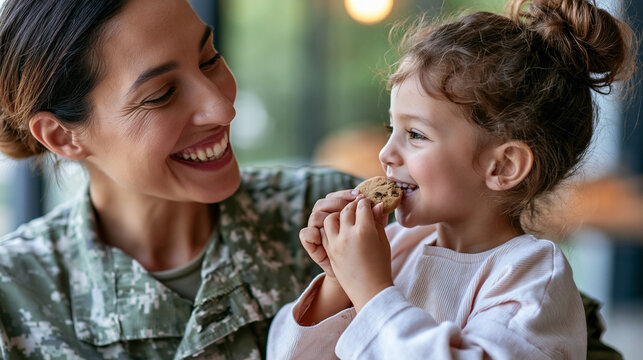 Anonymous military woman laughing while looking at her daughter eating a cookie, female service member and mother-child joy concept, faceless, defocused, with copy space