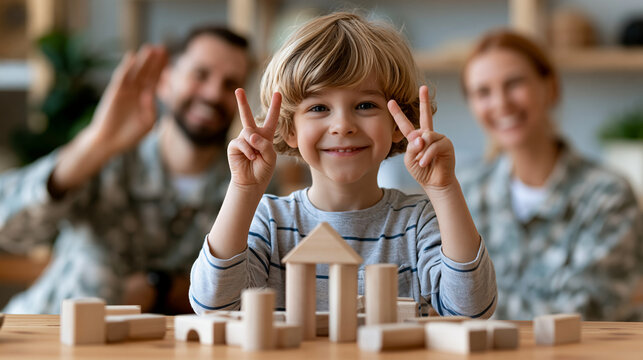 Anonymous happy parents in military uniforms showing a yes gesture near a kid playing wooden blocks at home, military parenting and family encouragement concept, faceless,