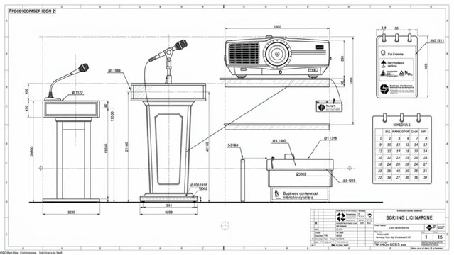 Detailed engineering drawing of a projector with dimensions and technical specifications