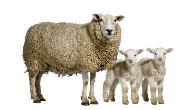 Sheep mother with two newborn lambs standing together