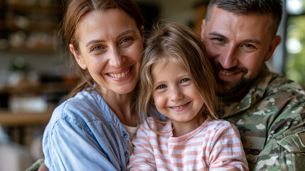 Fototapeta premium Anonymous happy military family having fun together at home, domestic military lifestyle and family joy concept, faceless, defocused, with copy space
