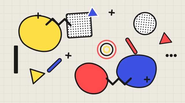 Abstract Memphis Style Geometric Shapes Moving on Grid Background