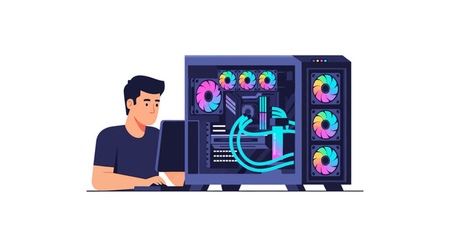Gamer with High-End Custom PC Rig featuring RGB Lighting and Liquid Cooling Vector Illustration