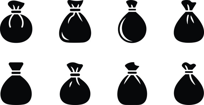 Money bag sack icon set black silhouette pouch vector sign