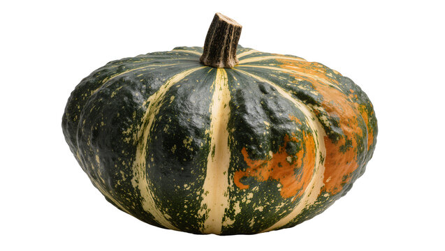 Striped green and orange pumpkin with thick stem