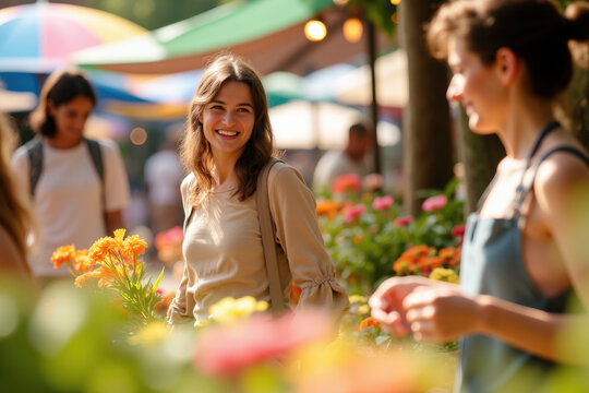 Smiling young woman shopping for beautiful flowers at an outdoor market