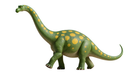 Green dinosaur with yellow spots long neck tail legs, feet © Femke