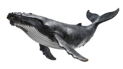 Humpback whale swimming with barnacles on head and fins © Femke