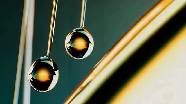 Hypnotic Pendulum Movement Golden Spheres Reflecting Light in Perfect Harmony. Abstract Science & Time Concept Background. Ideal for corporate, luxury & meditative content.