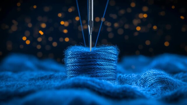 Hypnotic Sewing Machine Needle Working with Blue Thread on Soft Fabric, Golden Bokeh Background. Precision Craftsmanship & Textile Production. Ideal for fashion, DIY & industrial.