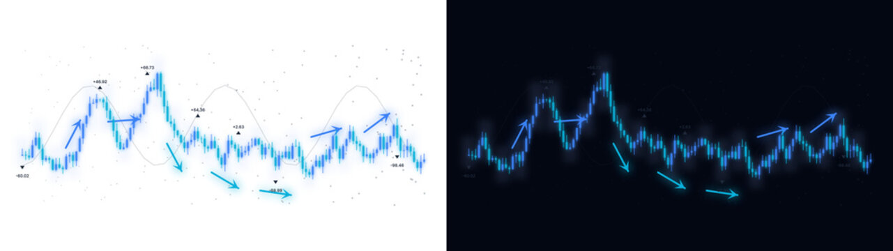 PNG image of Financial stock market chart with blue line graph, trading data visualization with arrows, digital investment analytics and economic growth indicators isolated on Transparent
