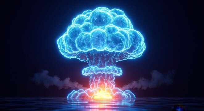 Neon blue pixel art mushroom cloud explosion on a dark black background illustration