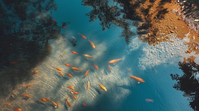 Horizontal overhead view of orange koi fish swimming in a clear pond with blue water and silhouetted tree reflections