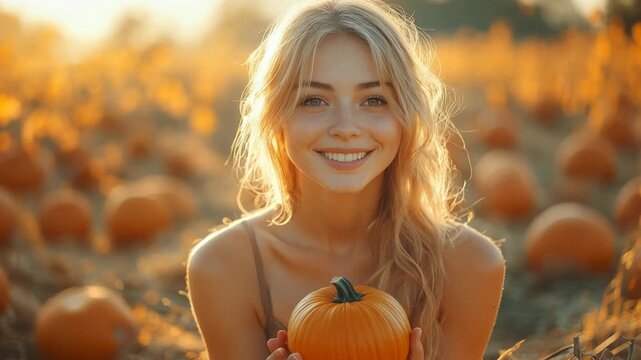 Joyful Young Blonde Woman Holds Pumpkin in Golden Hour Autumn Field. Happy Harvest & Seasonal Celebration Background. Ideal for lifestyle, farm & holiday content.