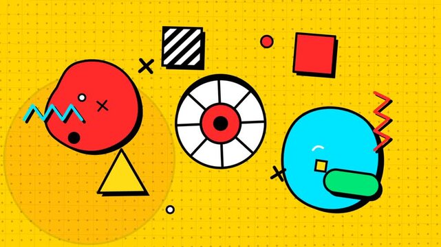 Colorful Memphis Style Abstract Geometric Shapes Animation on Yellow