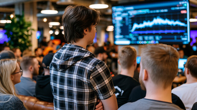 A developer meetup in a co-working loft where contributors gather around a projector showing live open source project contribution graphs with global collaborator names streaming in real time alongs