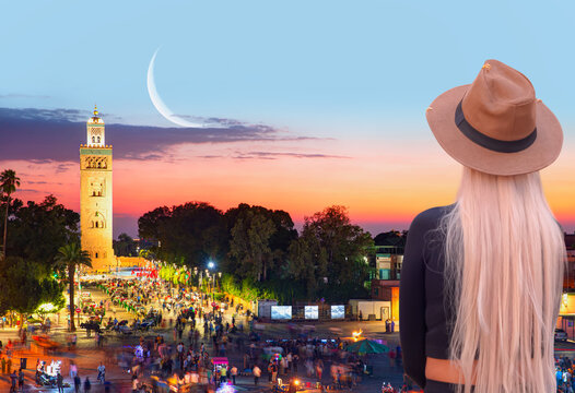 The Jema el Fna square with crescent moon - Marrakesh, Morocco