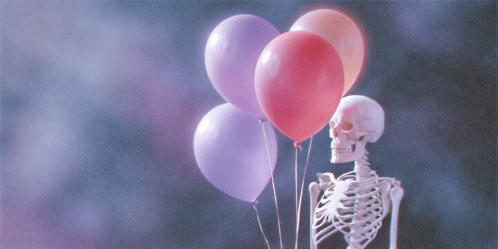 a skeleton holding balloons, bright blurry effect background