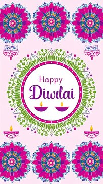 A vibrant pink greeting card with a central white circle surrounded by green and purple designs, pink flowers, and lit diyas