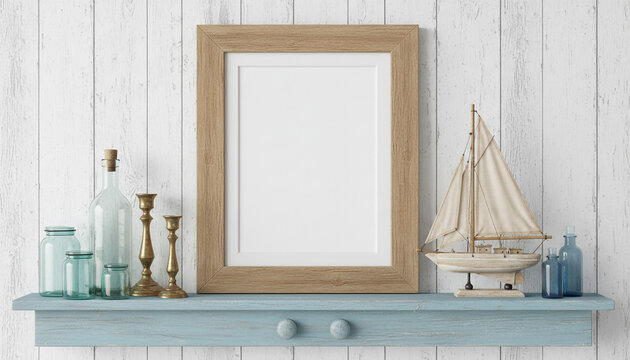 Wooden empty frame mockup on rustic shelf with sailing boat decor.