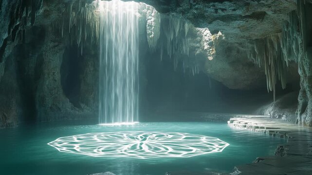Mystical Underground Cave with Serene Waterfall & Glowing Sacred Geometry Reflection. Enchanting Nature & Spiritual Journey Background. Perfect for fantasy, meditation & travel