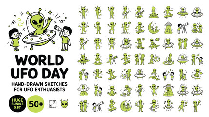 World UFO Day Hand-Drawn Alien and Spaceship Icons Vector Set © Altaf