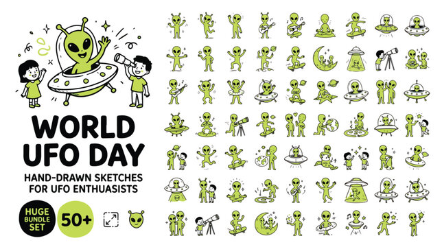 World UFO Day Hand-Drawn Alien and Spaceship Icons Vector Set