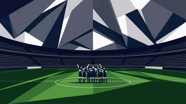 Soccer team huddle on field in stadium with abstract geometric roof structure celebrating victory 2026 soccer world championship tournament