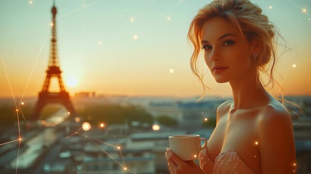 Radiant Woman's Paris Dream Eiffel Tower Glows at Golden Sunset with Magical Connections. Romantic Luxury Lifestyle Background. Perfect for travel, fashion & digital themes.