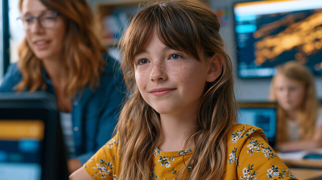 A middle school student using an EdTech reading platform that adjusts text complexity in real time based on comprehension pace while her teacher reviews individualized performance analytics on a cla