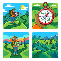 Obraz premium Illustration of hiker with compass on hillside exploring nature and travel