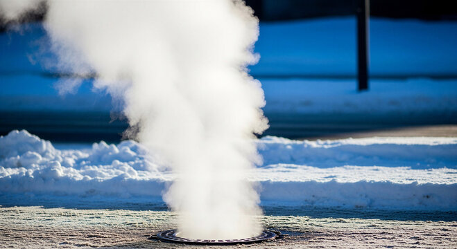 Steam rising from manhole in snowy street during winter  