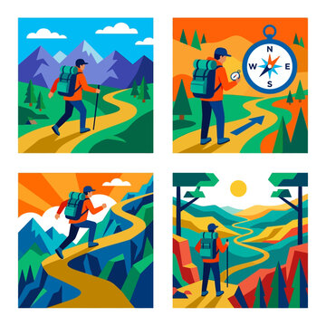 Hiker walking on winding hill trails with backpack and compass exploring nature