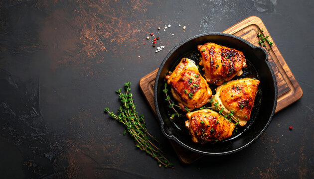 Roasted chicken thighs in cast iron skillet with thyme and herbs, rustic dinner