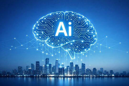 Generative AI Brain Over Smart City Skyline with Neural Network, Artificial Intelligence Innovation, Machine Learning, Big Data Analytics, Smart Infrastructure and Future Technology Concept