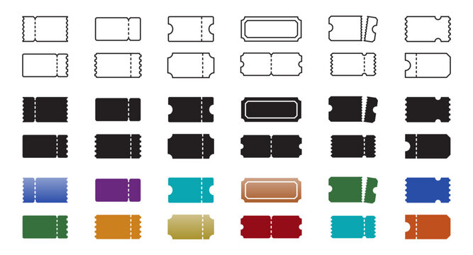 Ticket template icons, such as admission tickets, coupon forms, event passes and more. Includes outline editable stroke, solid and color versions. Vector illustrations.