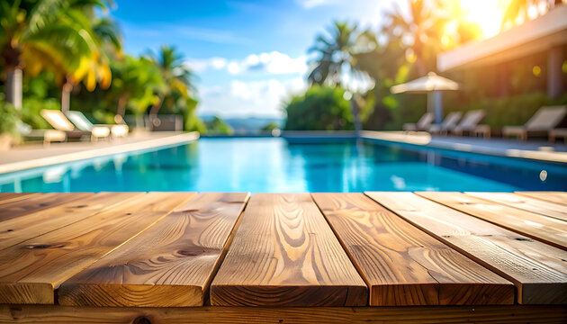 Rustic wooden table surface with blurred tropical swimming pool background for luxury summer vacation products, sunny resort landscape, holiday travel display
