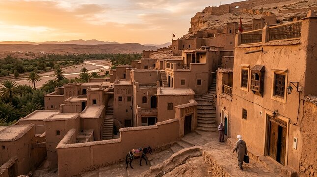 Ancient Berber Village at Sunset, Morocco, Desert Oasis Landscape