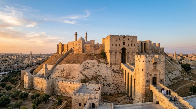 Ancient Aleppo Citadel at sunset, Syria - historic fortress, Middle East architecture, UNESCO site