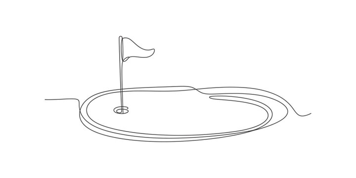 A continuous line drawing of a golf hole with a flag on a white background