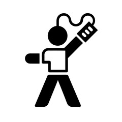 Person icon holds a connected handheld device with a waving cable in this abstract black graphic. © RanaMuhammad