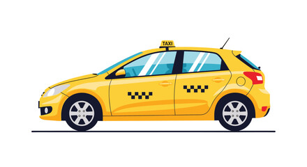 Obraz premium Side view illustration of a yellow taxi cab vehicle with a checkered pattern and taxi sign on the roof; city transport.