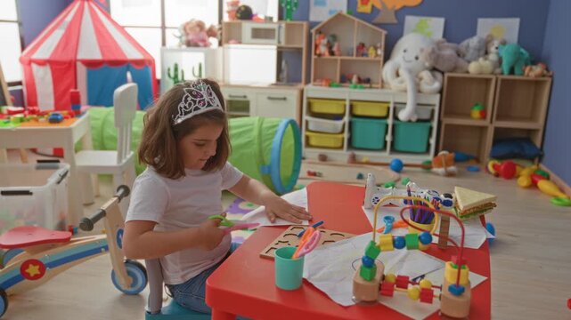 Girl wearing tiara cutting paper with pink scissors at red table surrounded by toys and storage bins in a building playroom; creative play concentration.